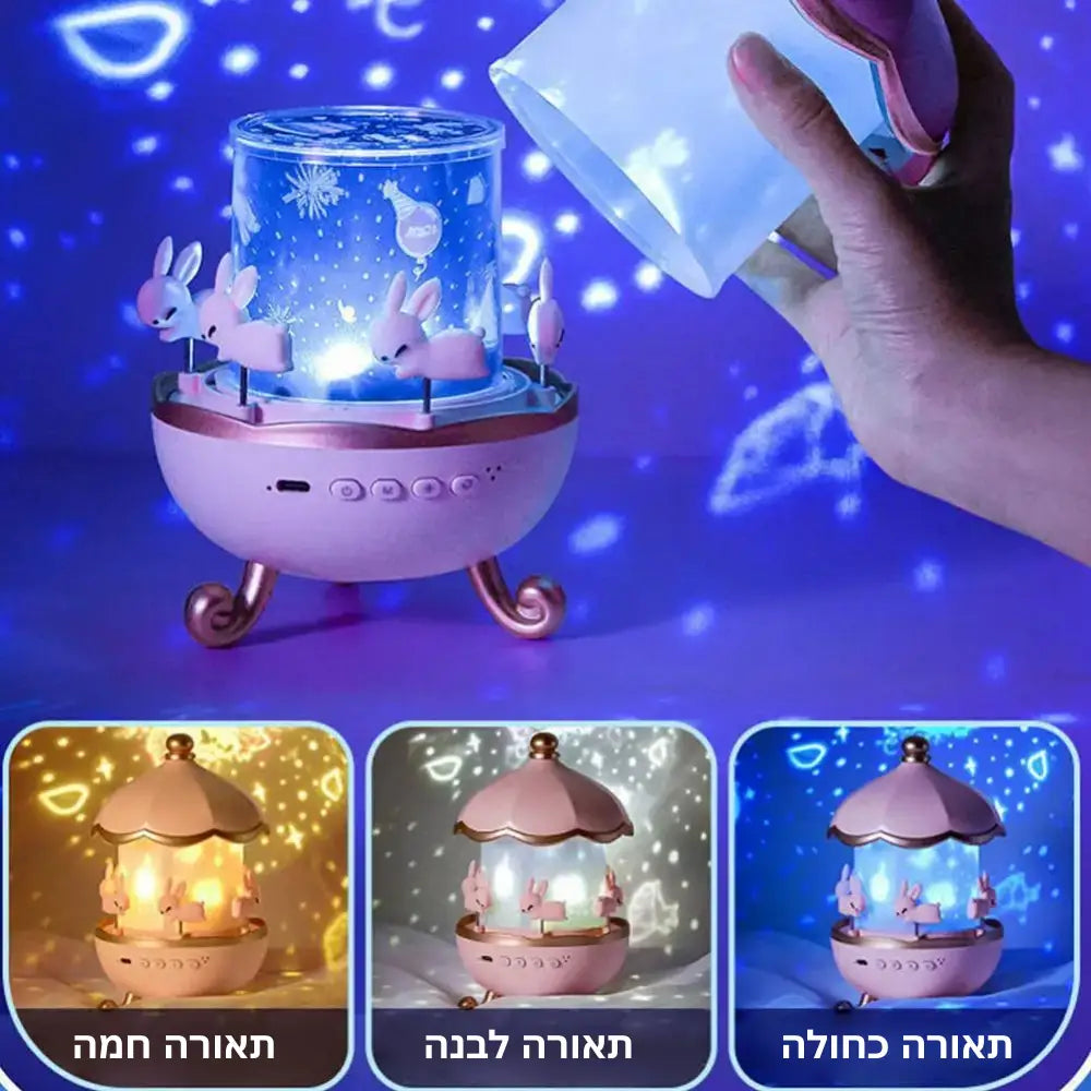 מנורת לילה המשלבת הקרנת תמונות צבעונית מוזיקה ותאורה