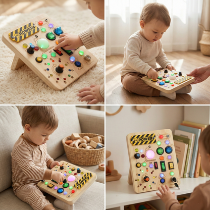לוח הפעלה מעץ עם 23 נורות ומתגים לפיתוח מוטוריקה