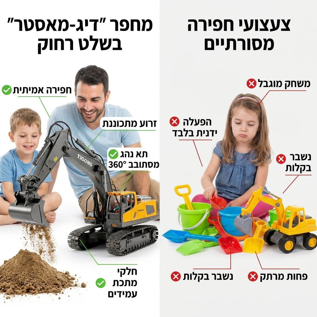 מחפר "דיג-מאסטר" בשלט רחוק - חפירה אמיתית עם זרוע מתכווננת ותא נהג מסתובב