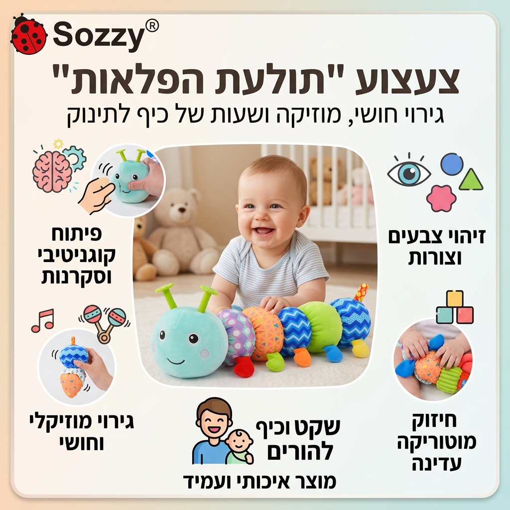צעצוע "תולעת הפלאות" - גירוי חושי, מוזיקה ושעות של כיף לתינוק